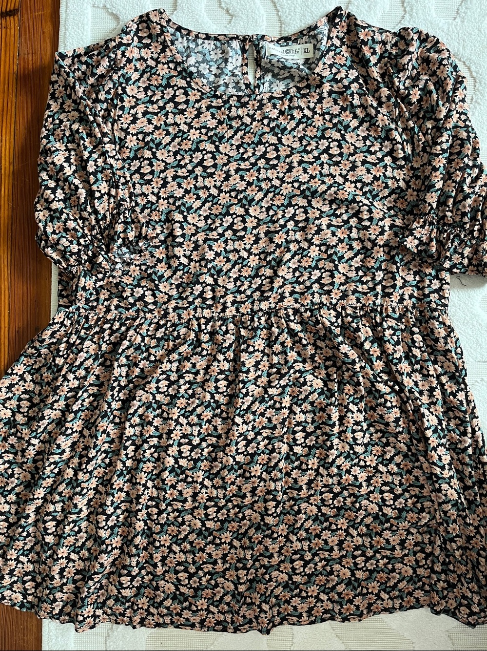 NATURAL LIFE Babydoll Boho Dress Black Floral with Peach and Mint Accents XL